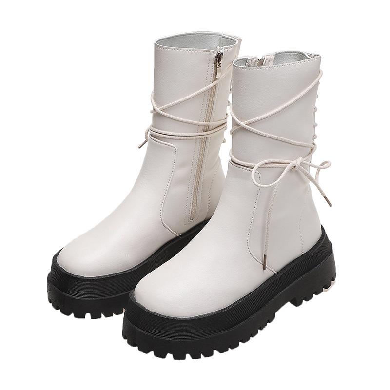 Женские сапоги 2024 года, новые кожаные сапоги на толстой подошве, женские короткие сапоги, сапоги для верховой езды с боковой молнией, со шнуровкой сзади, сапоги средней длины