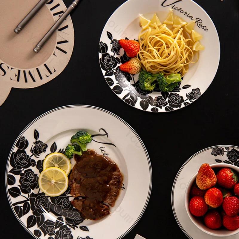 Retro Black Flowers Ceramic Plate High End Restaurant Steak Plate Home Delicious Dishes Salad Dining Plates Exquisite Tableware