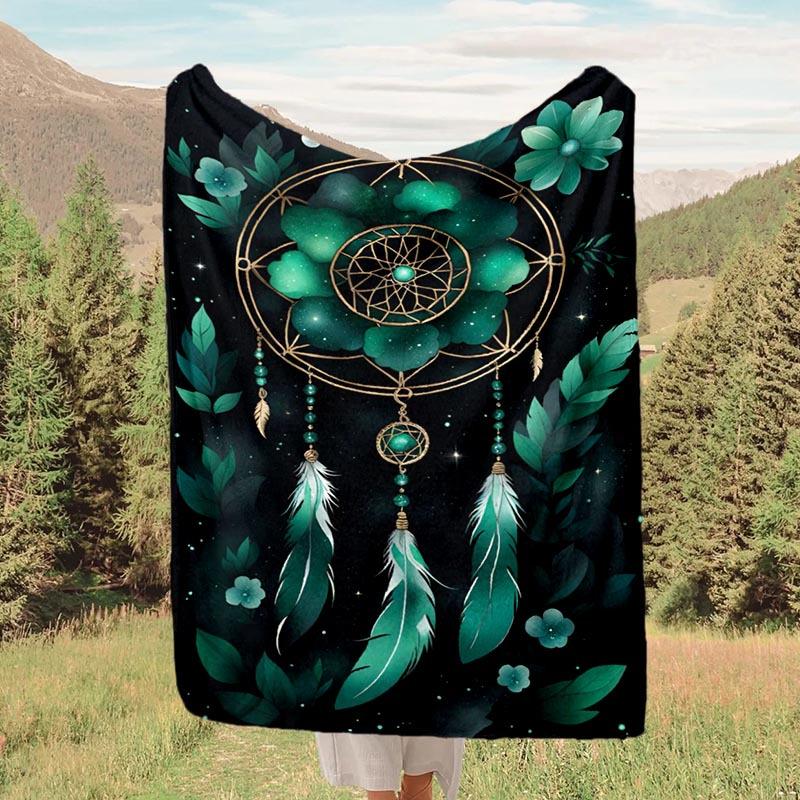 1pc Green Dream Catcher Printing Lightweight Flannel Blanket, Comfortable and Warm Blanket, for Camping Sofa Bed and Couch Office, Suitable f