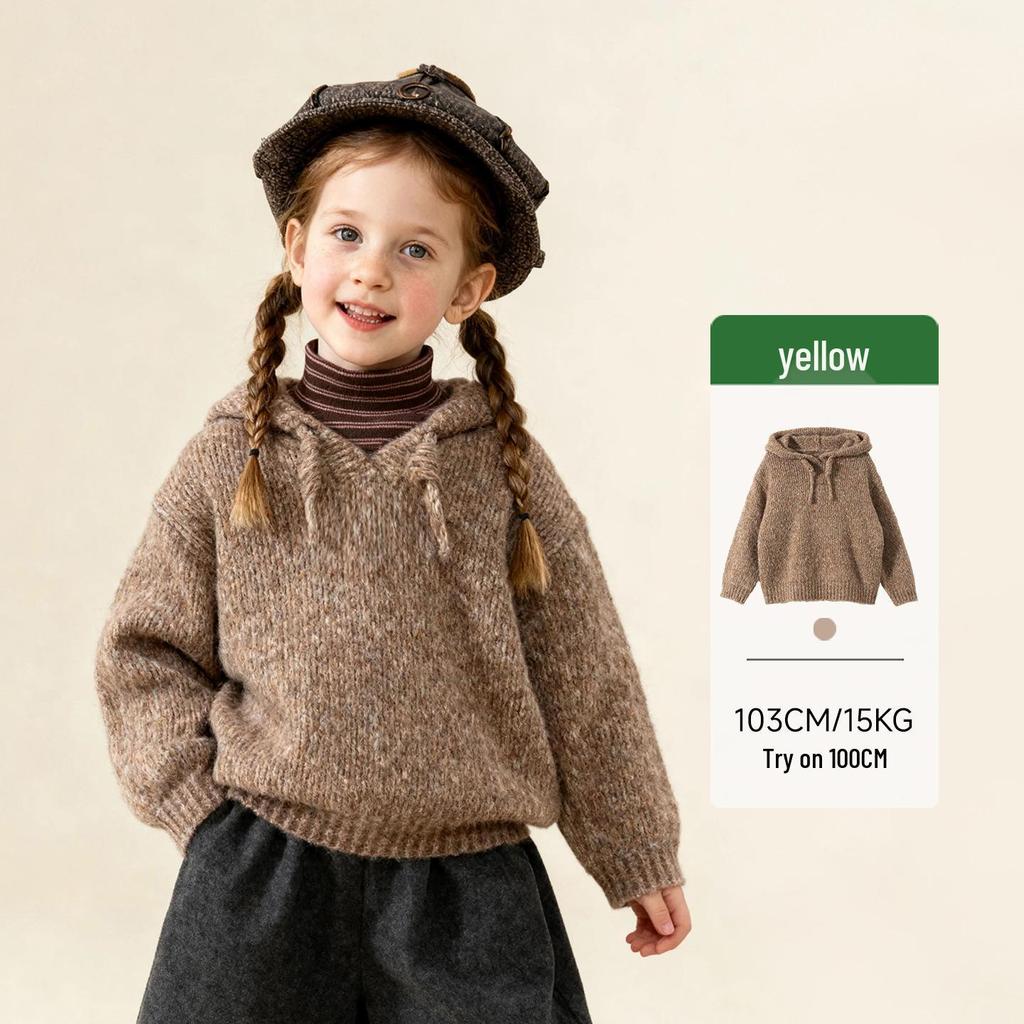 Зимний однотонный худи для девочек 2025 года - Вязаный кардиган из смесовой хлопково-шерстяной пряжи