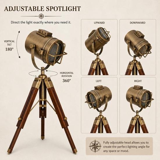 Nautical Tripod Spotlight Floor Lamp Brass Searchlight Studio Light Explorer Decor