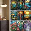 Stained Colorful Tropical Plant Flower Ocean Sunrise Window Glass Static Stickers Removable PVC Decorative Film for Home Office