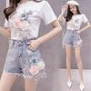 Summer Women's Embroidered Sequined Three-dimensional Flower Short-sleeved T-shirt Raw Denim Shorts Two-piece Suit