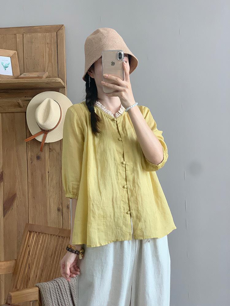 1116 literary and retro summer temperament beautiful short-sleeved loose cotton and linen women's shirt