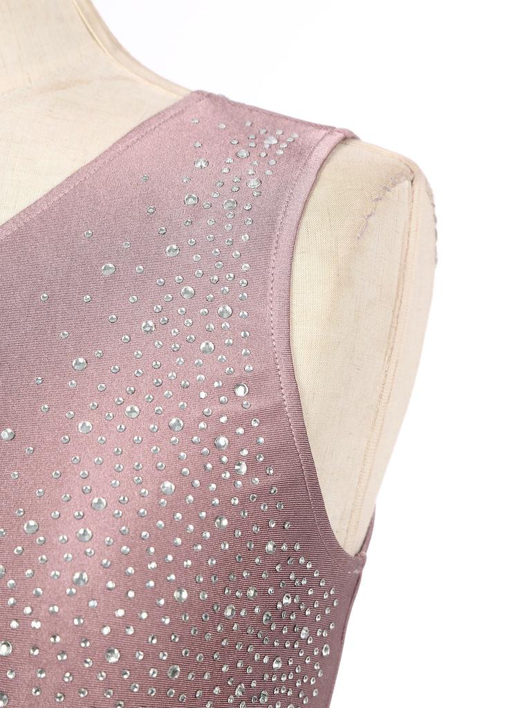 Womens Figure Skating Dance Performance Costume Glittery Rhinestone Irregular Shoulder Leotard Color Block Sleeveless Bodysuit