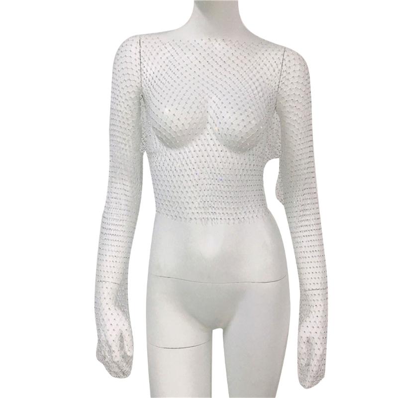 Women Rhinestones Mesh Flared Long Sleeve Crop Top Hollow Out See Through Fishnet Jewelry Cover Up Rave Party Clubwear