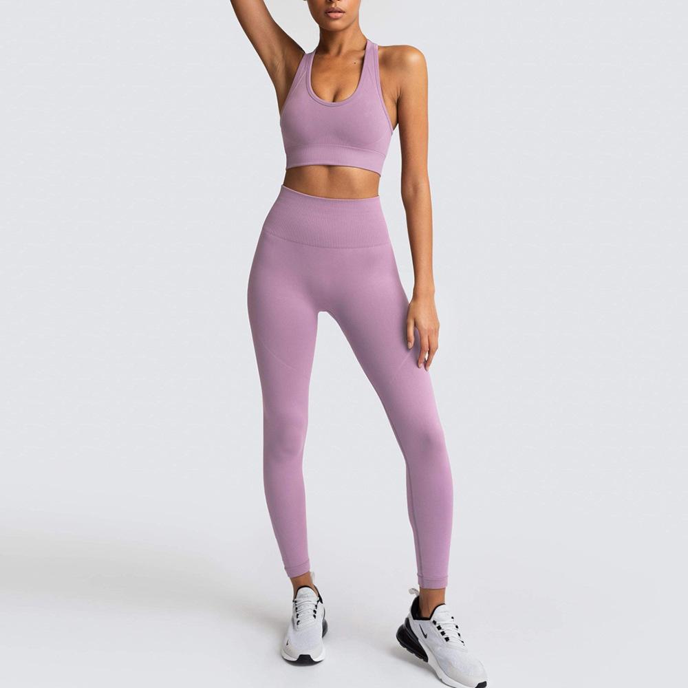 Seamless Knitted Slim Hip Lifting Sweat Wicking Sports Bodysuit Back Fitness Bra Yoga Suit For Women Solid Color Set