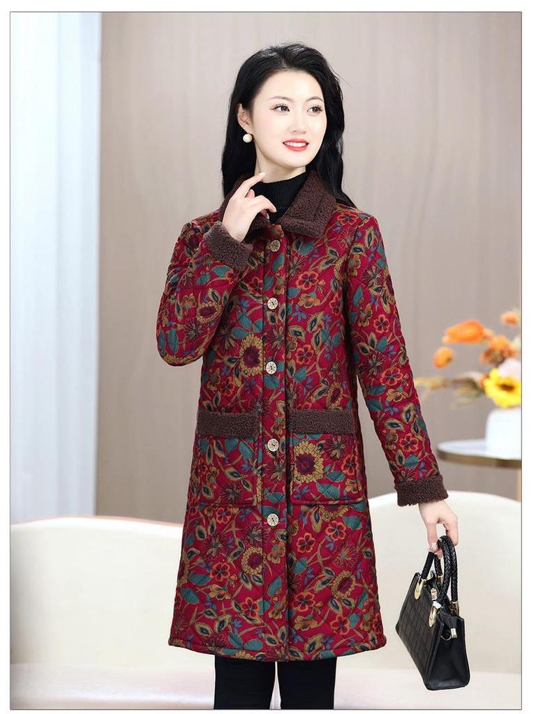 Женское хлопковое пальто средней длины с цветочным принтом и флисовой подкладкой - Зимний утепленный стиль для женщин среднего и пожилого возраста