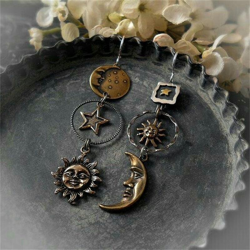 Vintage Free People Face Sun Moon Pendant Earrings Women's Creative Design Asymmetric Earrings Holiday Party Gifts Retro Jewelry