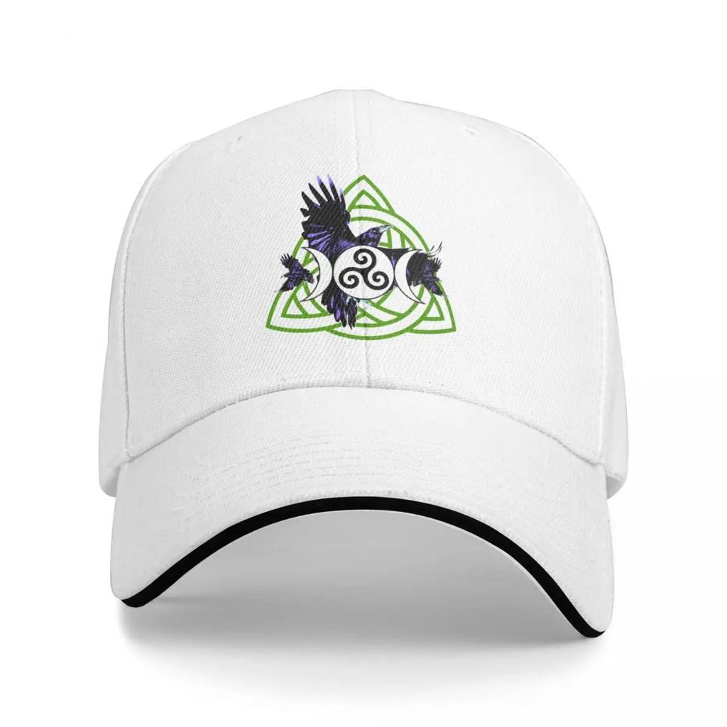 The Morrigan Triple Goddess Raven - Witches Triple Moon with Triquetra Celtic Knot and Triskelion (GREEN VARIANT) Baseball Cap