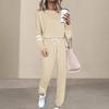 2 Pcs/Set Women Top Pants Suit Round Neck Long Sleeves Striped Solid Color Sweatshirt Drawstring Elastic Waist Trousers Daily Wear Sport Outfit