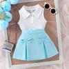 Комплект одежды для девочек 2025 года, летний детский повседневный топ без рукавов с лацканами + короткая юбка с бантом, комплект из двух предметов