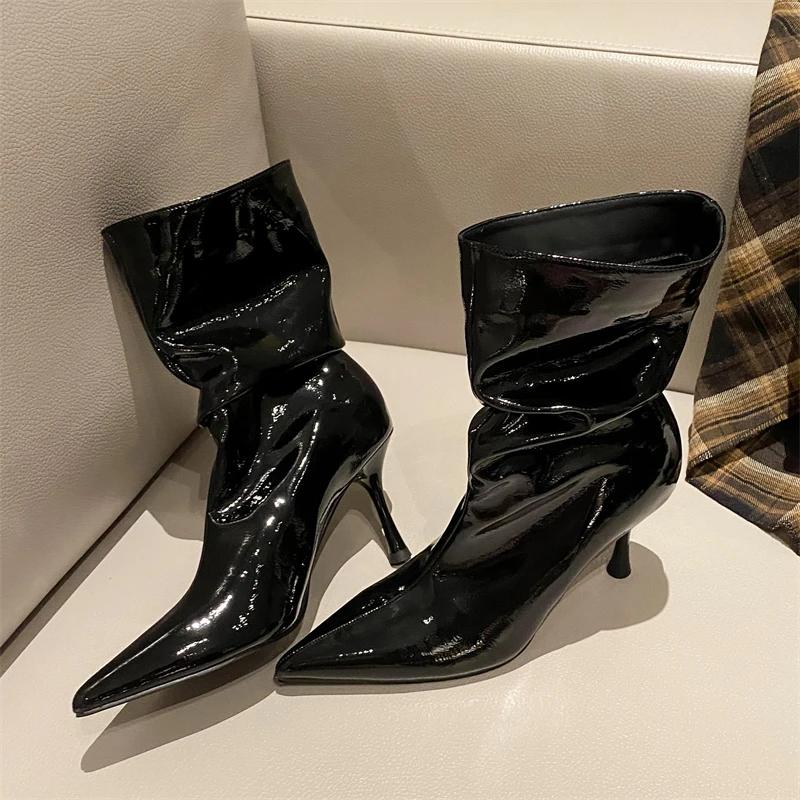 Eilyken Fashion Design Pleated Patent Leather Women Ankle Boots Zipper Shoes Sexy Thin Heels Modern Short Botas Mujer