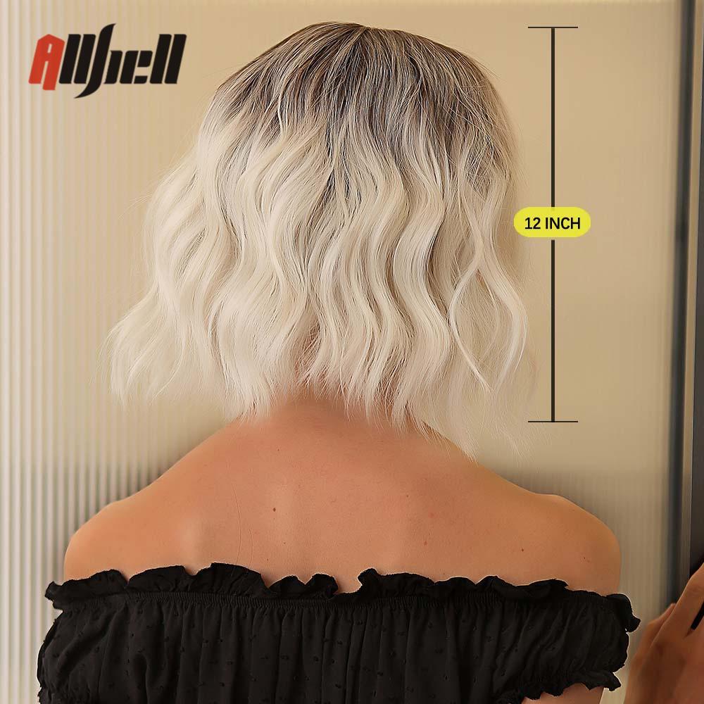 Synthetic Bob Hair Wig with Bangs Ombre Platinum Blonde Cosplay Wigs for Women Short Heat Resistant Female Daily Lolita Wavy Wig