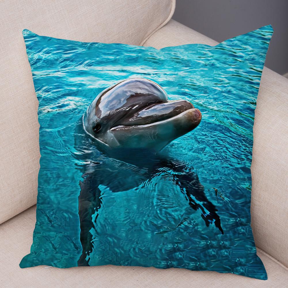 Marine Life Dolphin Cushion Cover Coral Reef Fish Pattern Soft Fabric Study Room Office Home Decor Pillow Case