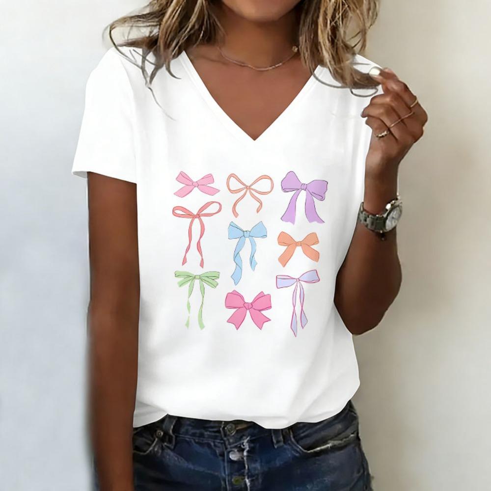 T-shirt V Neck Casual Fashion Y2k Colorful Bow Printed T Shirts Women Short Sleeve Tee Shirt V-Neck Summer Spring