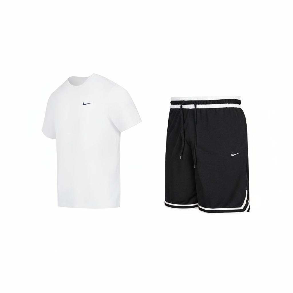 Nike Логотип Тренировочная Удобная Футболка с Круглым Вырезом и Коротким Рукавом, Трикотажные Шорты с Цветными Блоками, Повседневный Спортивный Комплект, Мужские Комплекты DV9840-100+DH7161-010