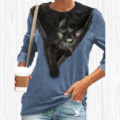 Женские осенние топы, свободная футболка с котом и принтом кота под молнией, повседневная футболка с длинными рукавами, топ, блузка
