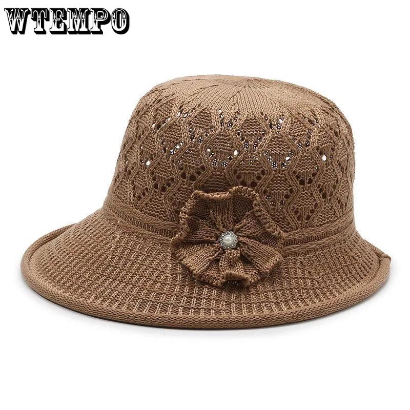 WTEMPO Женские однотонные повседневные универсальные вязаные цветочные шапки с широкими полями для отдыха на открытом воздухе, дышащие шляпы на все времена года