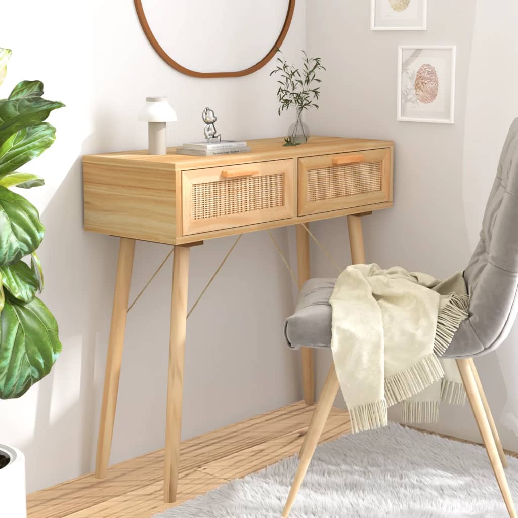 Vidaxl Stolik Konsolowy, Brązowy, 80X30X75 Cm, Lita Sosna I Rattan