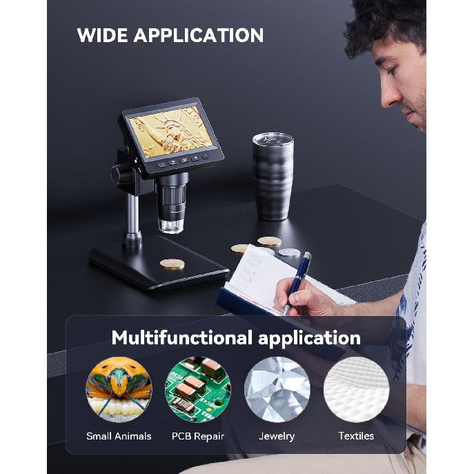 Digital Microscope 4.3" HD LCD Screen, Coin Magnifier 1-1000X Zoom, Stereo Camera with 8 Adjustable LED Lights, PC View, Compatible with MacOS