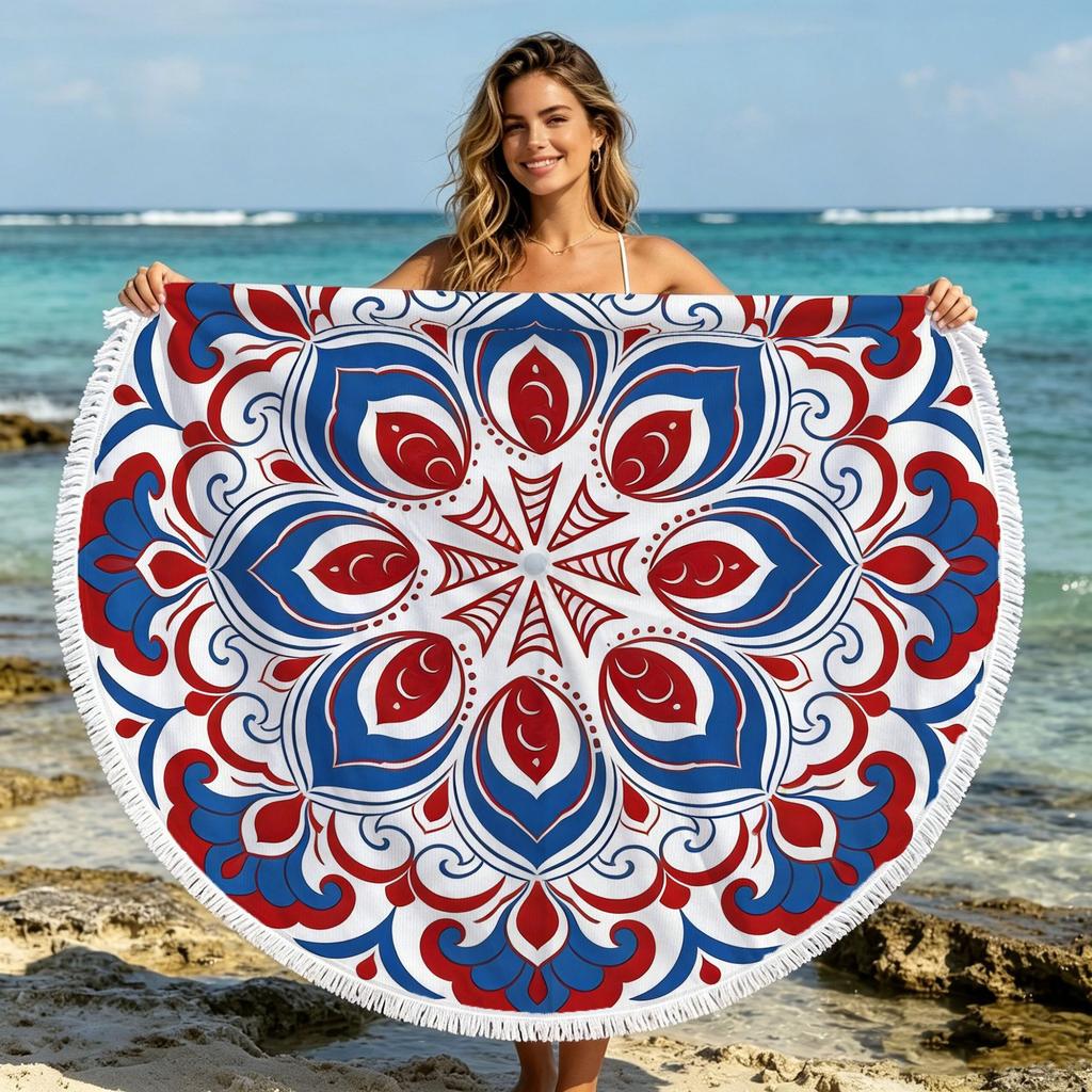 Customized Digital Printing Large Bohemian Floral Terry Microfiber Knitted Round Beach Towel for Summer Home Use