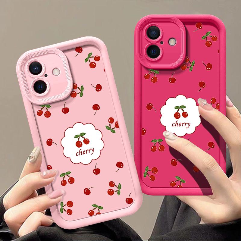 Для iPhone 16 Pro 15 14 Plus 13 12 Pro Max 11 Xs Xr 8 7 Cherry Pattern матовый ударопрочный мягкий TPU защита линз противоударный чехол конфетного цвета