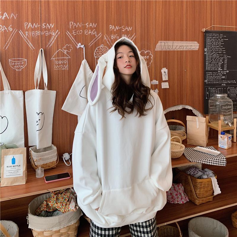 Women Warm Soft Hoodies Student Long-sleeved Rabbit Ears Pullover Casual Versatile Retro Simple Literary Sweater Tops