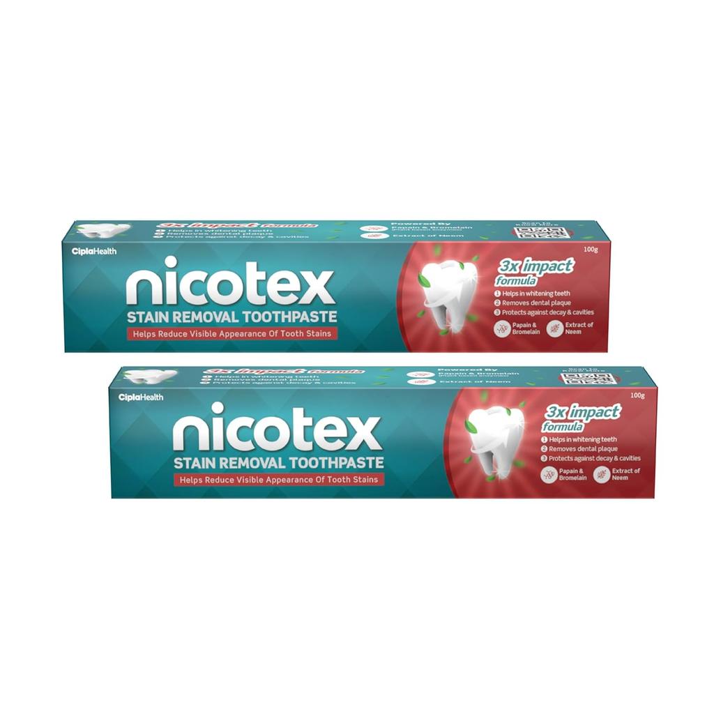 Cipla Зубная паста Nicotex 100 г Упаковка из 2 штук для отбеливания зубов, удаления зубного налета, защиты эмали, свежего дыхания