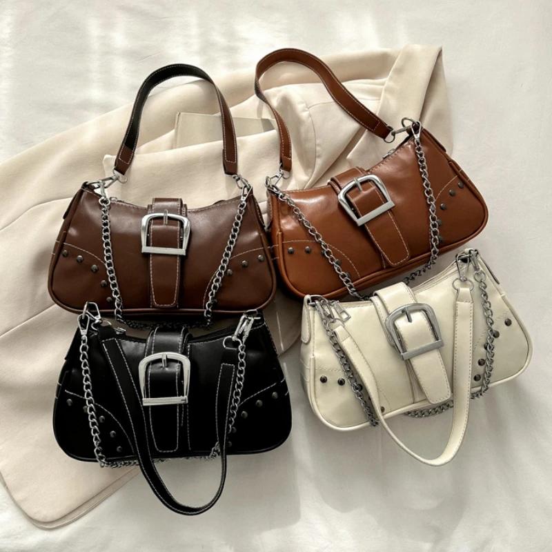 Vintage Rivet Women's Shoulder Bags Solid Color Ladies Underarm Bag Fashi Chain Small Handbags PU Leather Female Tote Purse