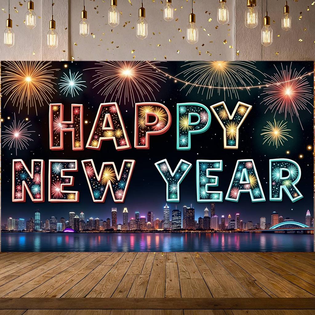 Eve Banner Polyester Material Happy New Year Banner Event Banner City Night Theme For Indoor Decoration Holiday Use Office Party