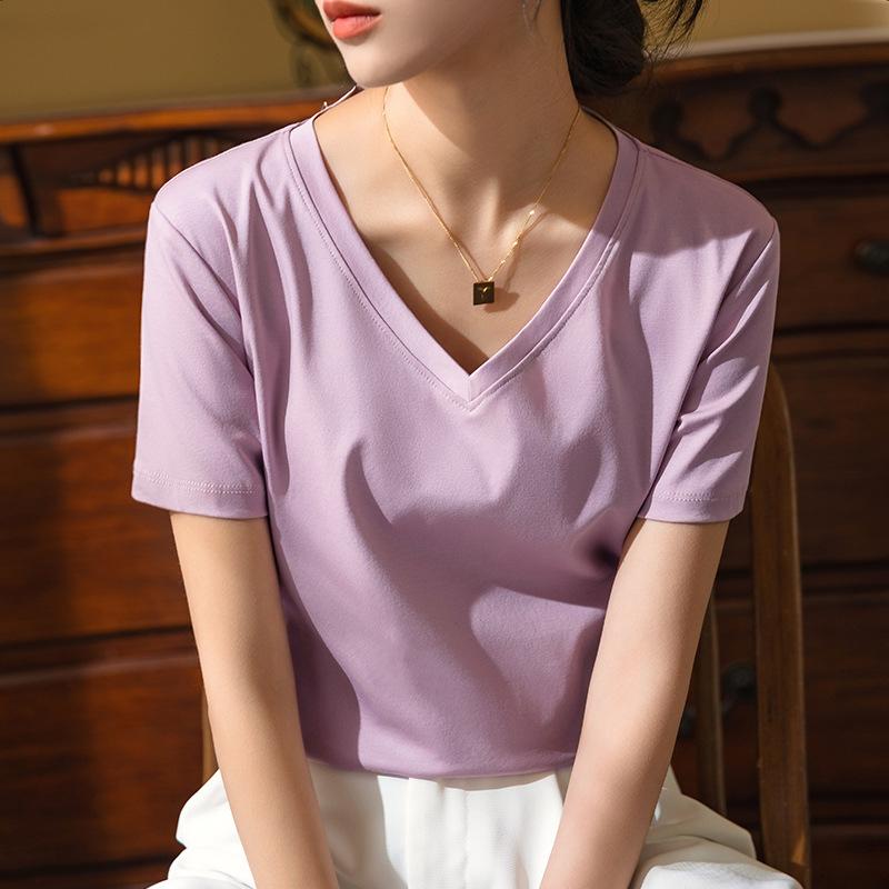 80 Двусторонняя футболка из мерсеризованного хлопка с короткими рукавами для женщин, новая женская футболка из чистого хлопка с V-образным вырезом, закрывающая живот