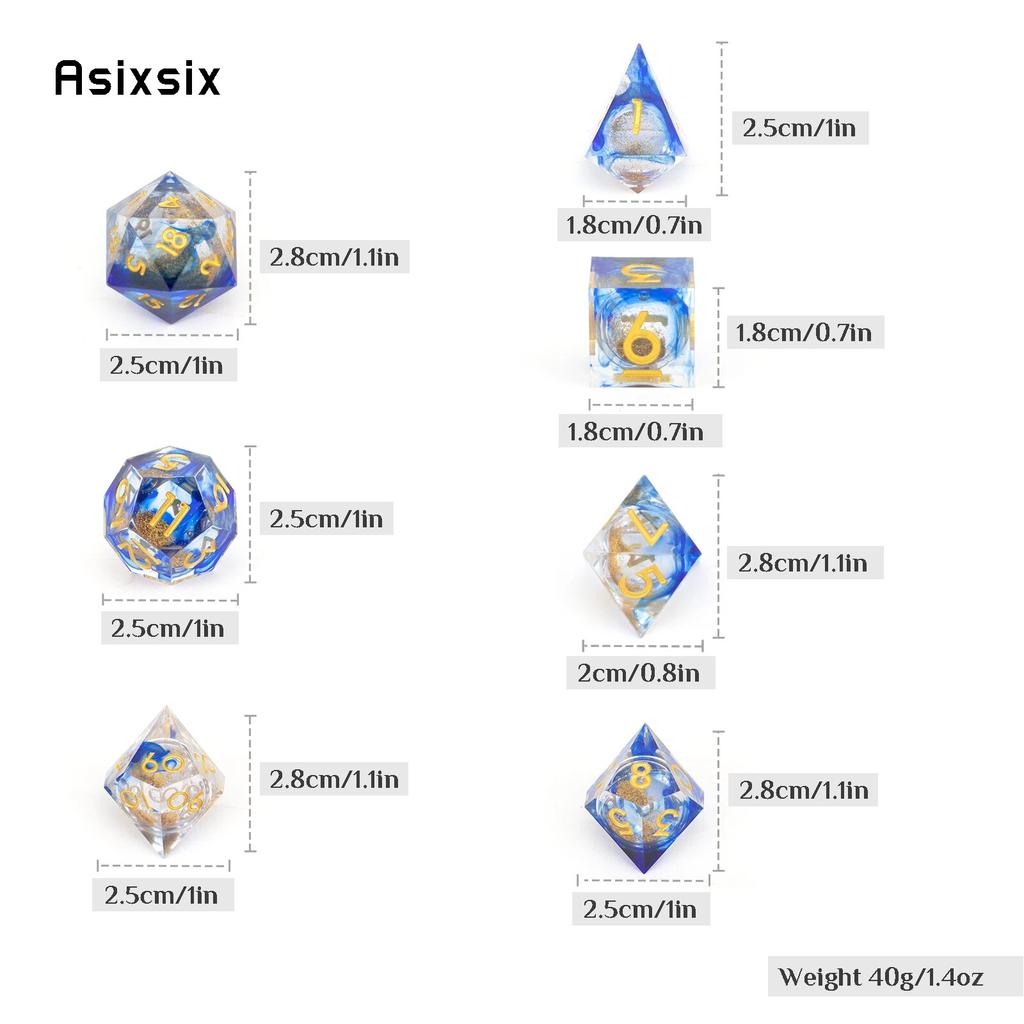 7 Pcs Blue Flowing Sand Golden Number Sharp Edge Resin Dice Polyhedral Dice Suitable for Role-Playing RPG Board Game