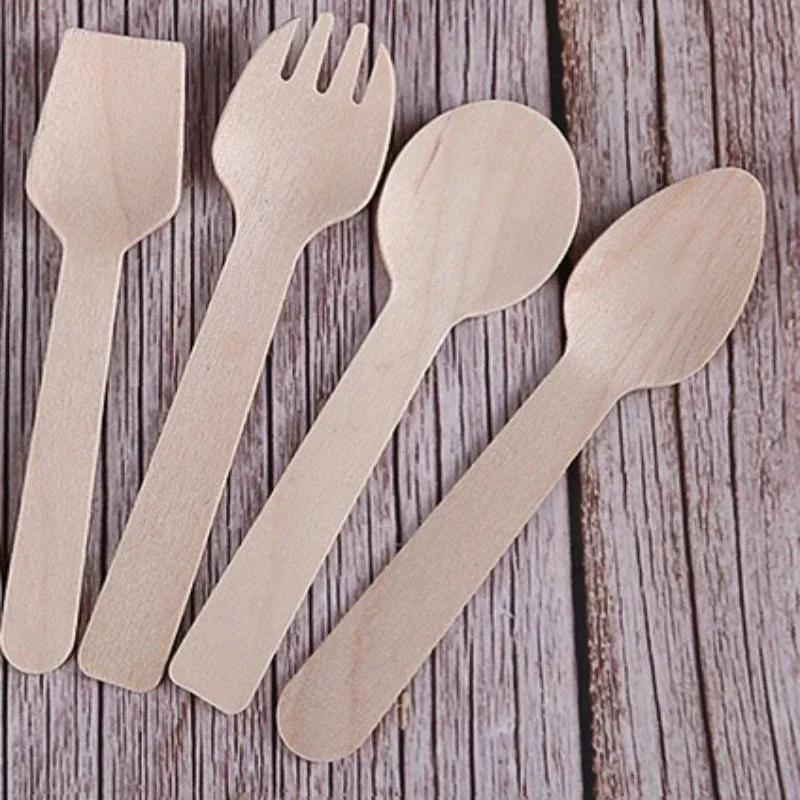 100Pcs Disposable Mini Wooden Spoon Fruit Dessert Forks Spoons Ice Cream Spoon Western Wedding Party Tableware Kitchen Accessory