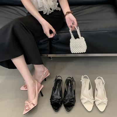 Босоножки на тонком каблуке с открытым носком, женская обувь 2025 весна-лето, новые, с французским бантом, темпераментные туфли-лодочки для ношения с юбкой