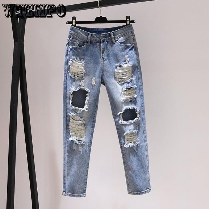 Женские джинсы, летние новые модные простые и универсальные джинсы Bf Wind Rotten Hole, гарлемские брюки, свободные брюки длиной девять четвертей, свернутые брюки