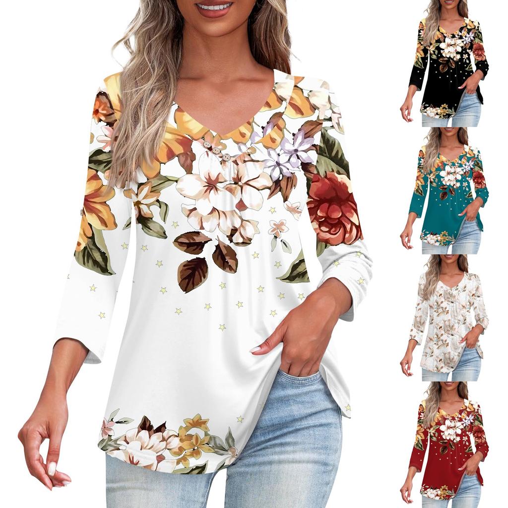 Shirts For Women Trendy V Neck Button T Shirts Casual Printed Summer Tees T Shirt Blouse Three Quarter Sleeve Tops For Women