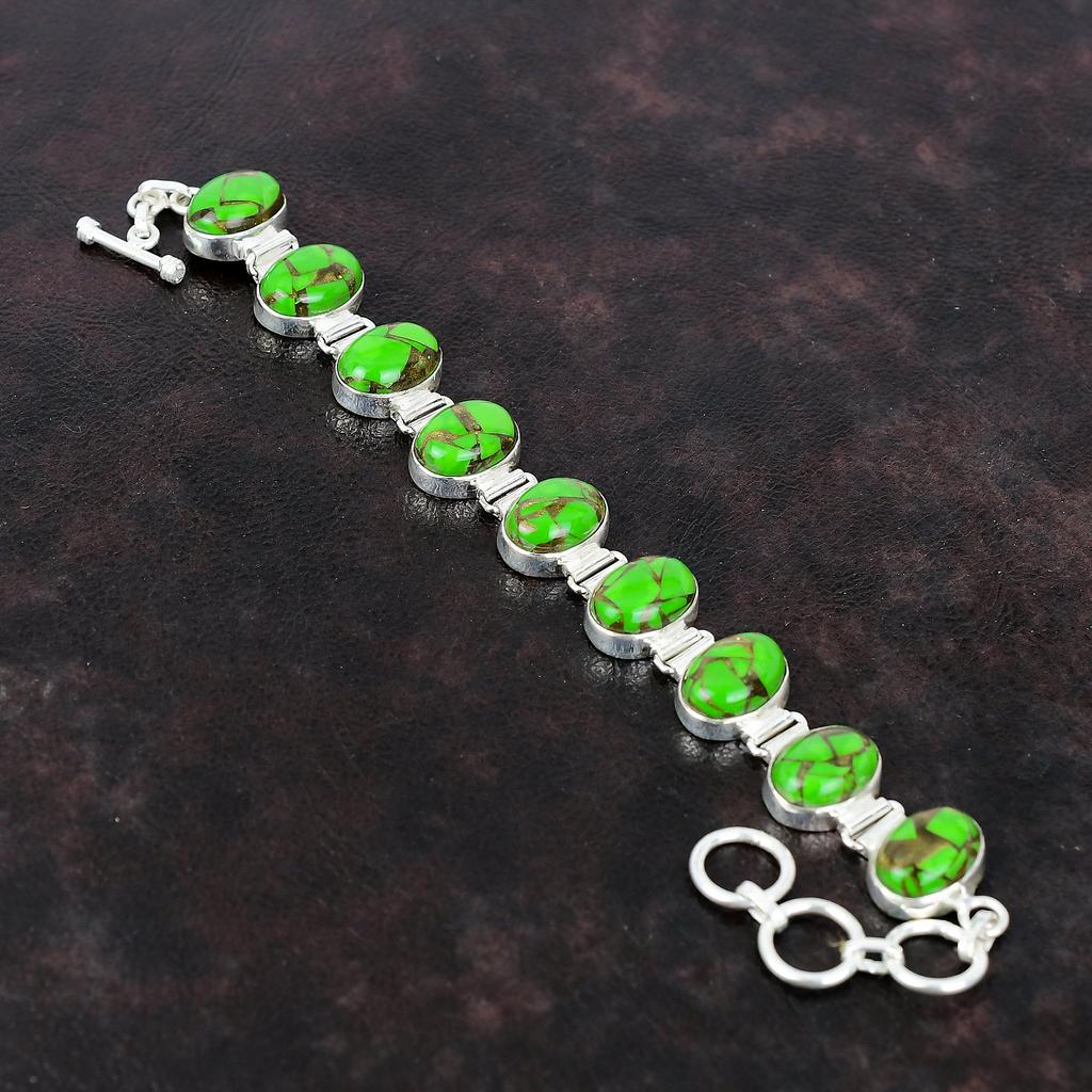 Copper Green Turquoise Bracelet Natural Gemstone Bracelet 925 Sterling Silver Bracelet Adjustable Chain Bracelet Handmade Jewelry For Gifts