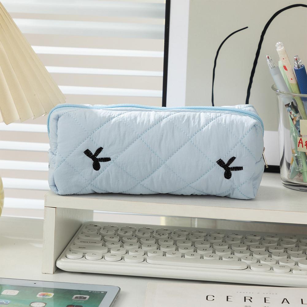 1Pc Simple Bowknot Large Capacity Pencil Bag Fresh Quilting Stationary Storage Bags For Girls Makeup Pouch Pencil Case