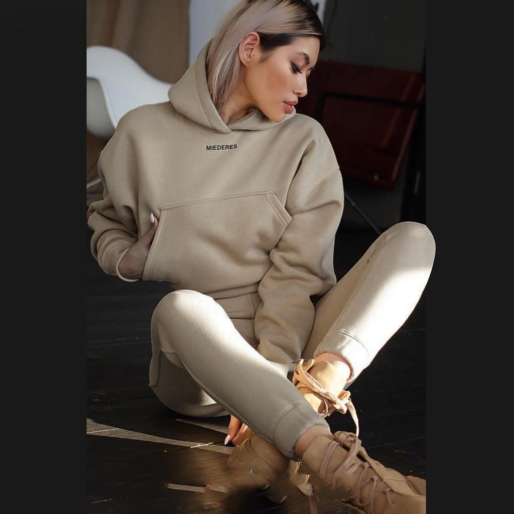 Women's Casual Solid Color Long Sleeved Short Hoodie Trousers Sports Suit