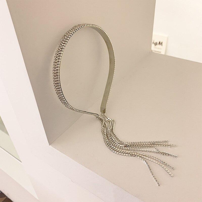 Korean Trend Full Rhinestone Long Tassel Head Band For Women Hair Accessories Metal Silver Crystal Headband Luxury Wedding Jewelry