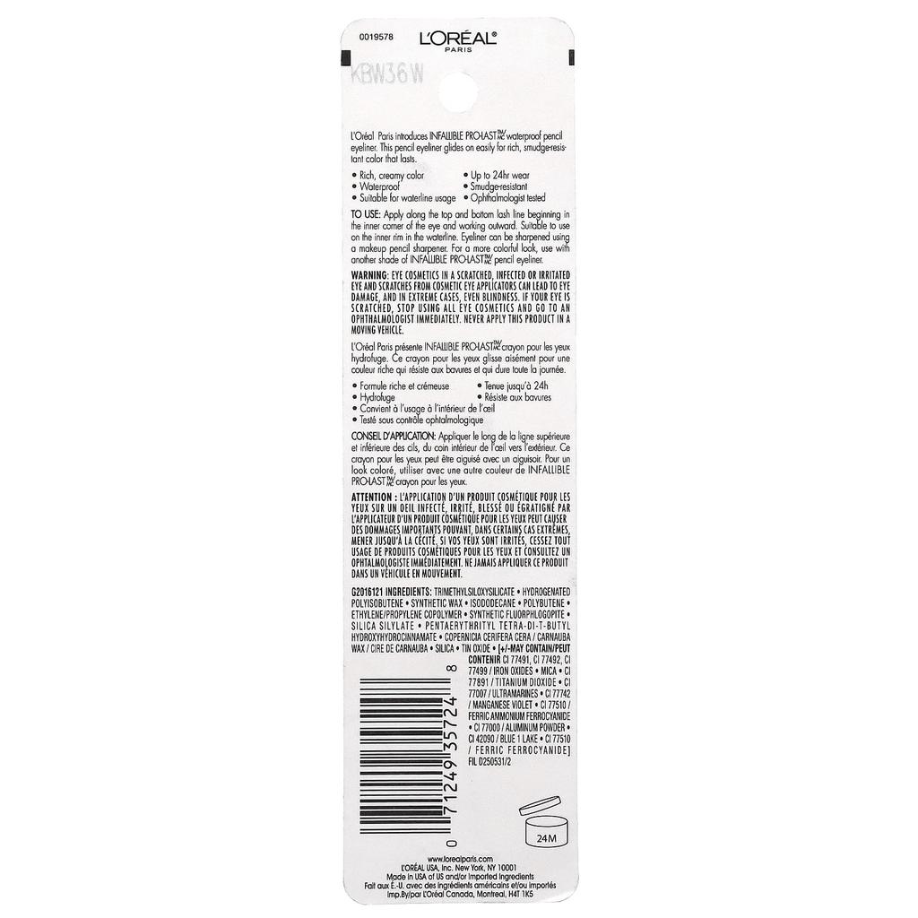 L'Oréal, Infallable Pro-Last™, Waterproof Eye Pencil, 930 Black, 1.2G(0.042Fl Oz)