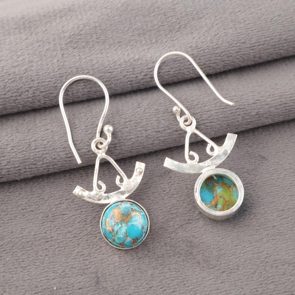 Blue Copper Turquoise Gemstone 925 Sterling Silver Jewelry Dangle Earrings 1.63" EE-152-37