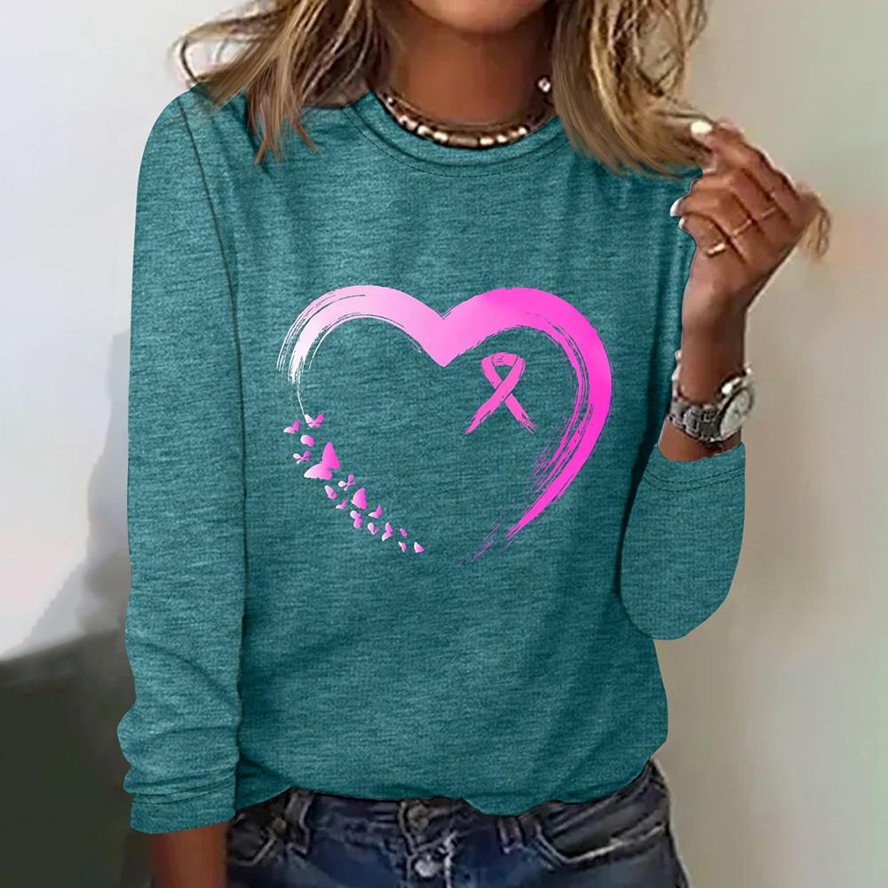 3d Print Versatile Pink Ribbon Print Long Sleeve T-shirt Women's Designer Heart Print Casual Loose T-shirt Fashion Trend T-shirt