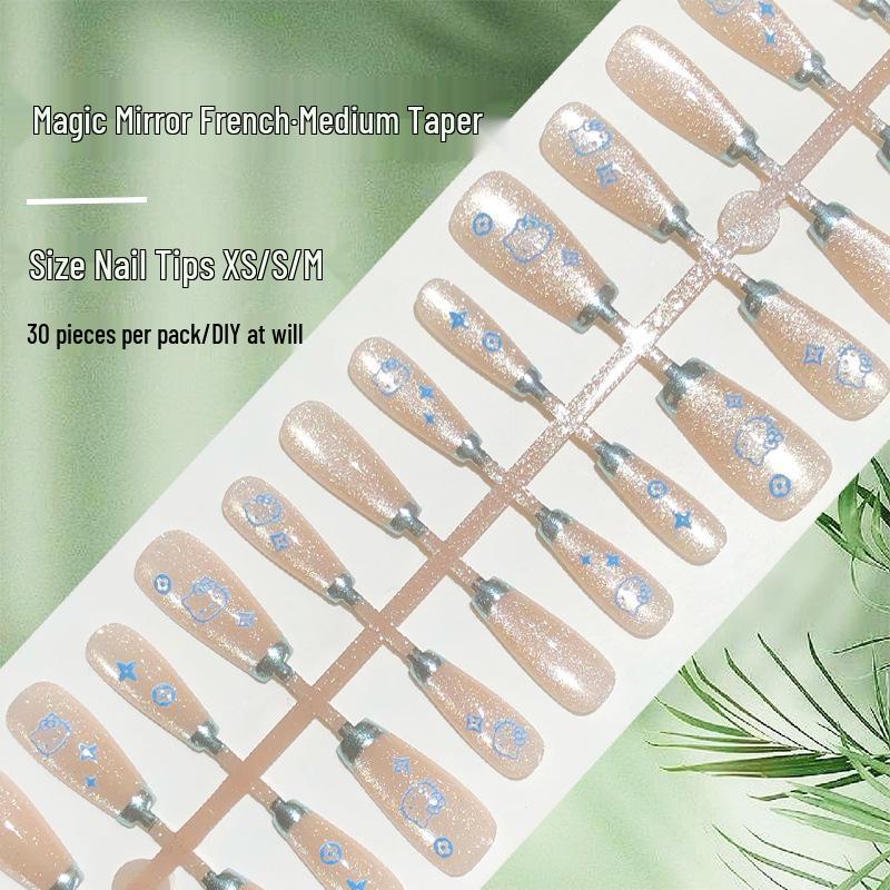 Blue Magic Cat Eye Mirror Powder Press-On Nails - French Crystal Stone Design, Long Cool Style Kit - 30 Pieces