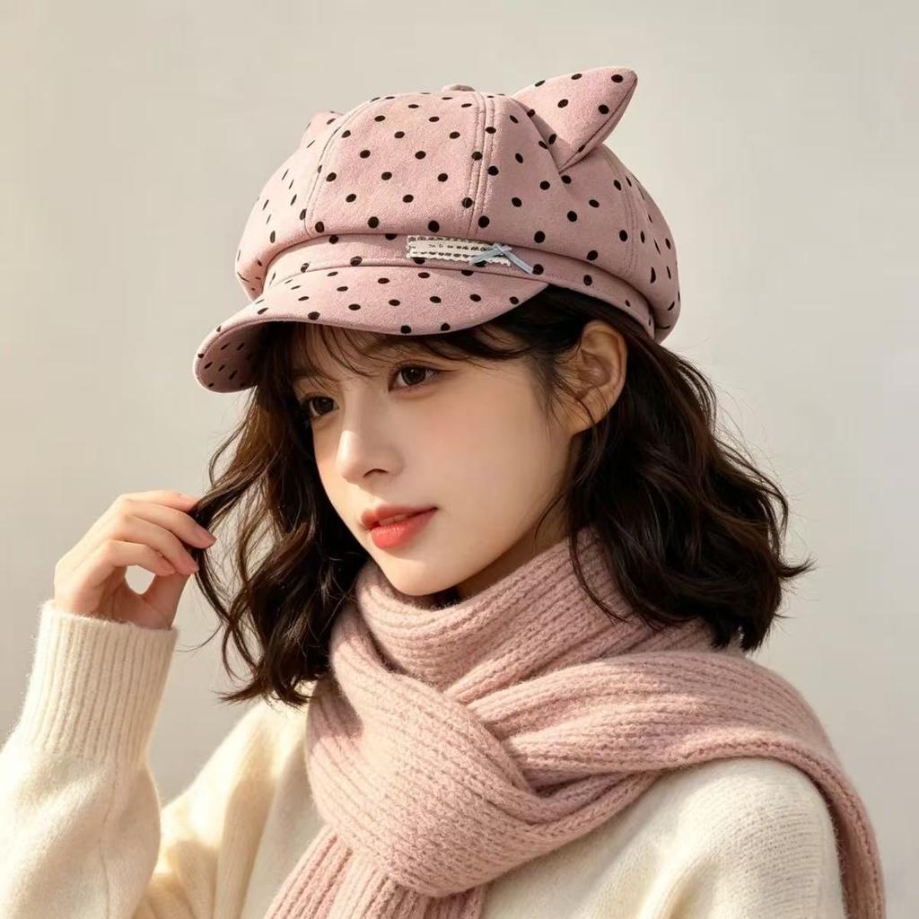 Cute cat ears polka dot newsboy hat children spring and autumn new fashion octagonal hat show face little painter hat
