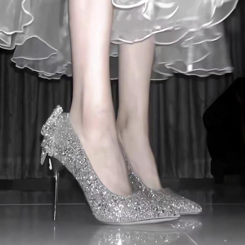 New Stiletto 18-year-old Adult Gift Sequined Diamond Crystal High Heels Butterfly Wedding Dress Two Wearing Wedding Shoes Bride