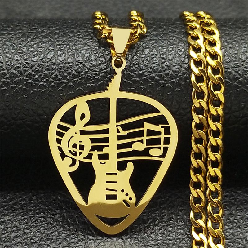 Rock Music Guitar Pick Pendant Necklace for Women/Men Stainless Steel Punk Musical Bass Chain Party Gift Jewelry 8418-QKC
