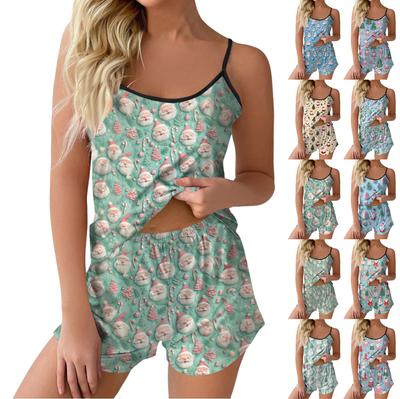 Женская мода повседневный безрукавный топ шорты пижамный комплект с рождественским принтом