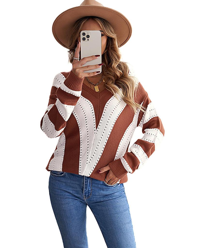 Azura Exchange Вязаный свитер с V-образным вырезом и цветными блоками